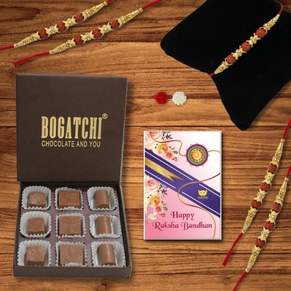 BOGATCHI 9 Chocolate Box 5 Rakhi Roli Chawal and Greeting Card A | Unique Rakhi Gifts for Sister | Rakhi with Chocolate Online 